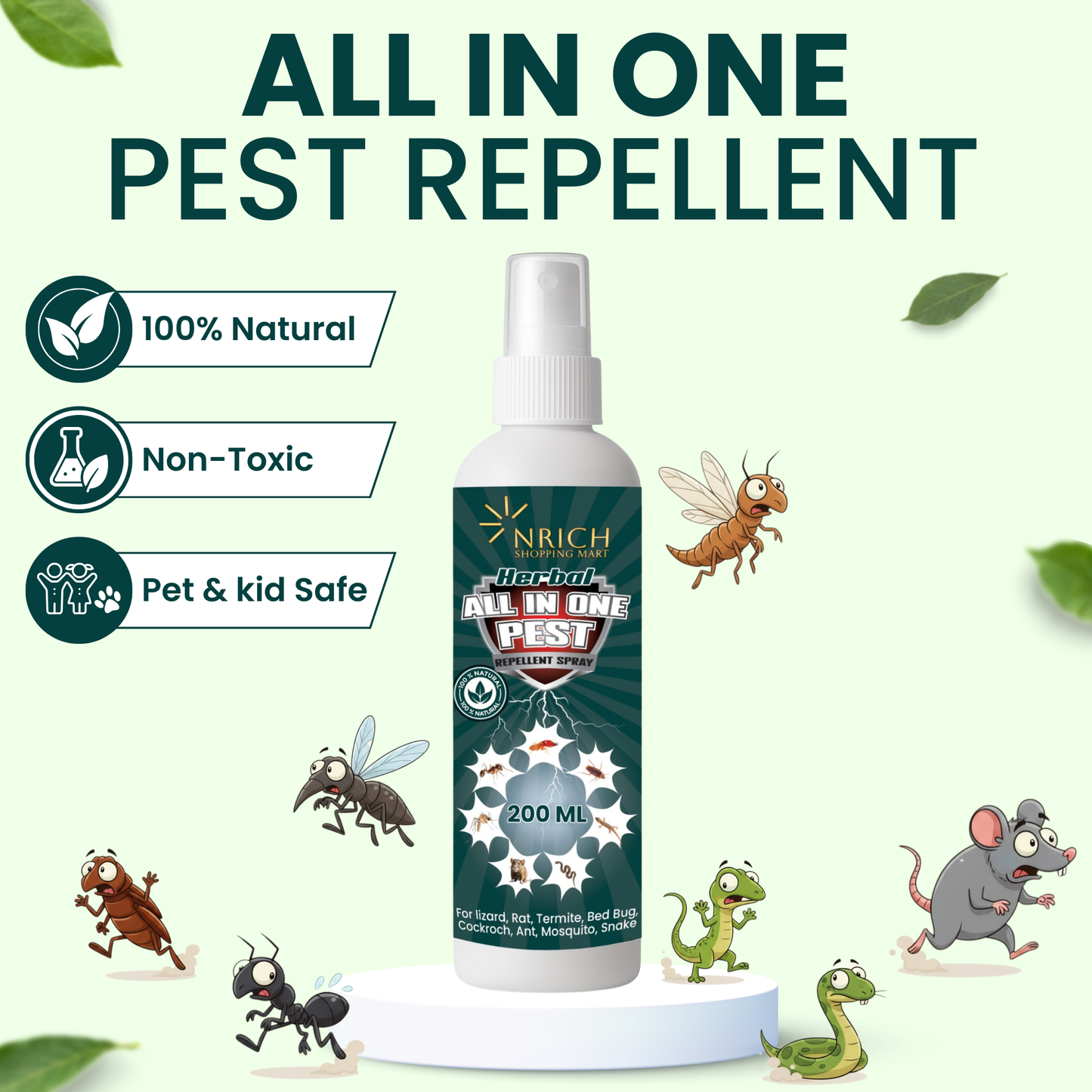 Nrich All-in-One Pest Control Spray | Rat Repellent Spray for Car & Home | Lizard, Cockroach, Ant & Bed Bug Repellent | Herbal Insect Repellent Spray | Safe Indoor & Outdoor Use