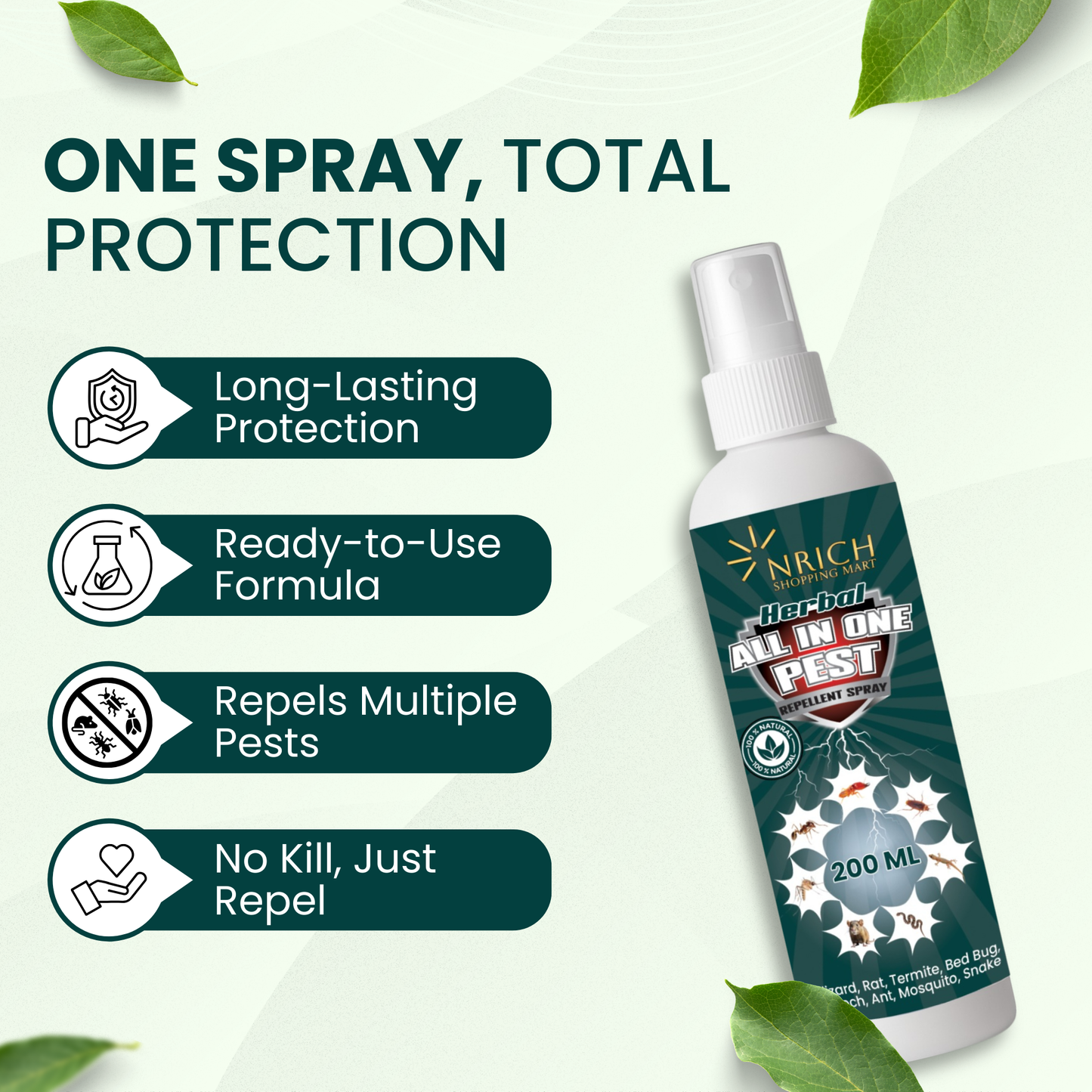 Nrich All-in-One Pest Control Spray | Rat Repellent Spray for Car & Home | Lizard, Cockroach, Ant & Bed Bug Repellent | Herbal Insect Repellent Spray | Safe Indoor & Outdoor Use