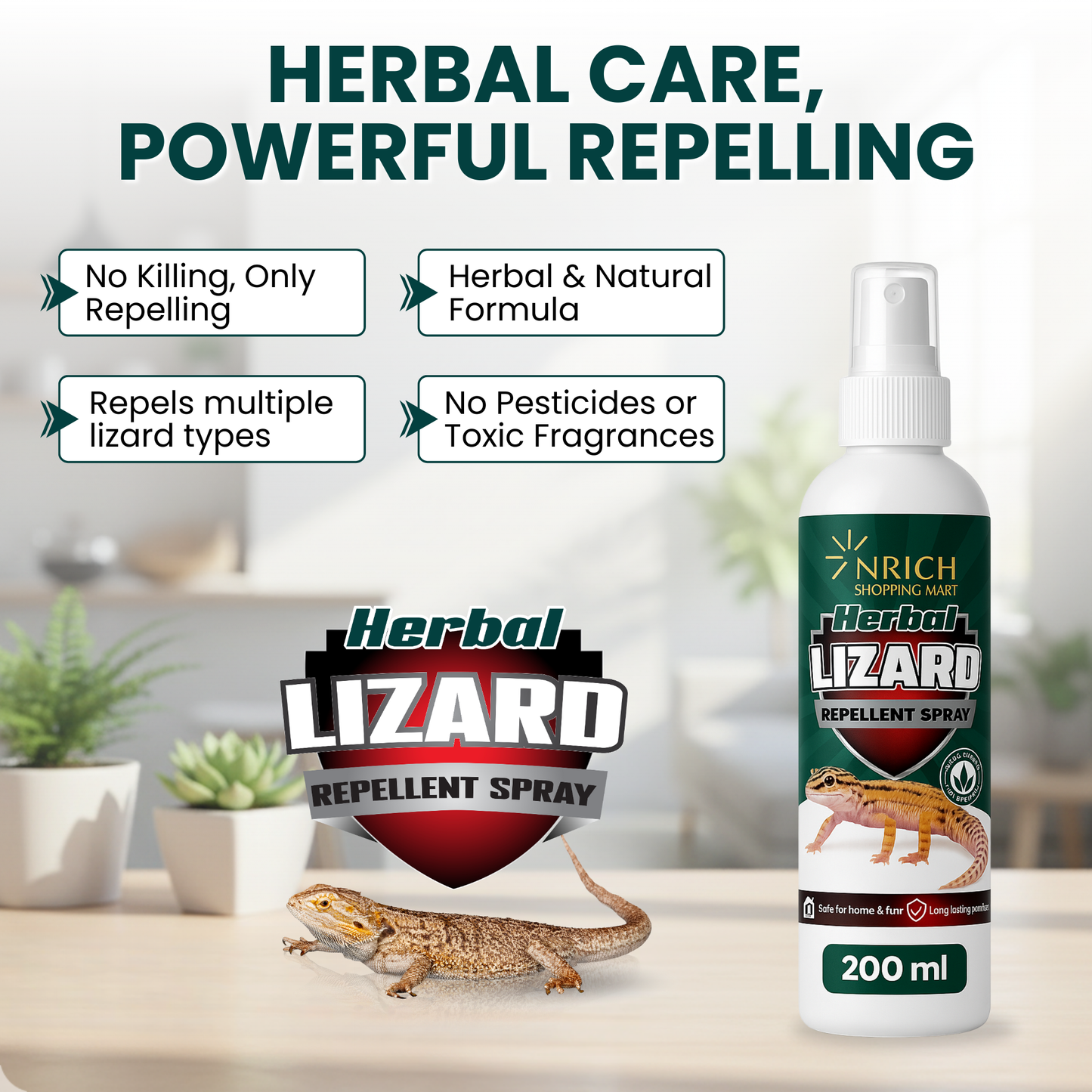Nrich Herbal Lizard Repellent Spray for Home | Natural Anti Lizard Spray Repellent | Safe Pest Control Spray | Long Lasting Herbal Solution to Keep Away Lizards Indoors & Outdoors