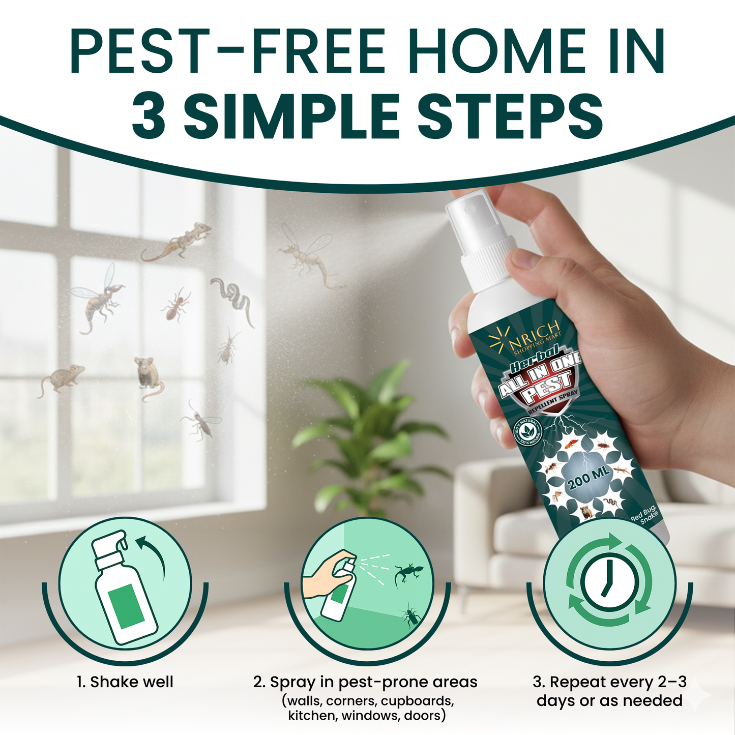 Nrich All-in-One Pest Control Spray | Rat Repellent Spray for Car & Home | Lizard, Cockroach, Ant & Bed Bug Repellent | Herbal Insect Repellent Spray | Safe Indoor & Outdoor Use