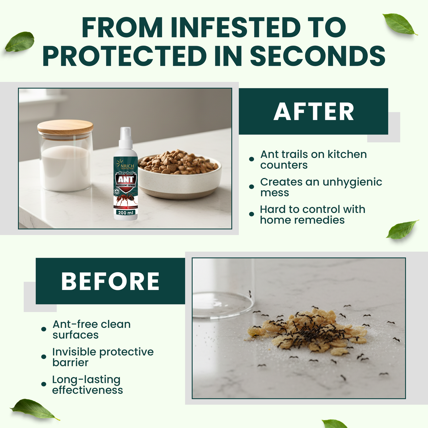 Nrich Herbal Ant Repellent Spray | Safe Ant Spray for Home & Kitchen | Long Lasting Ant Repellent for Indoor & Outdoor Use