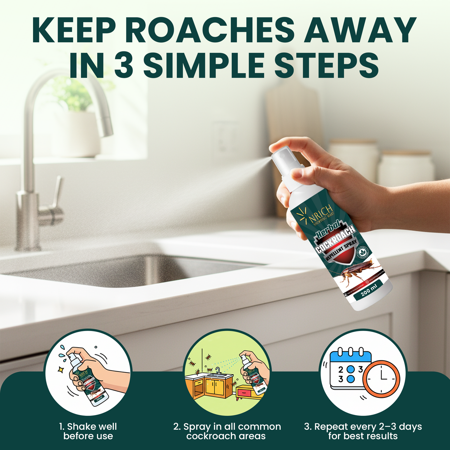 Nrich Herbal Cockroach Repellent Spray | Safe Cockroach Spray for Kitchen & Home | Long-Lasting Herbal Protection